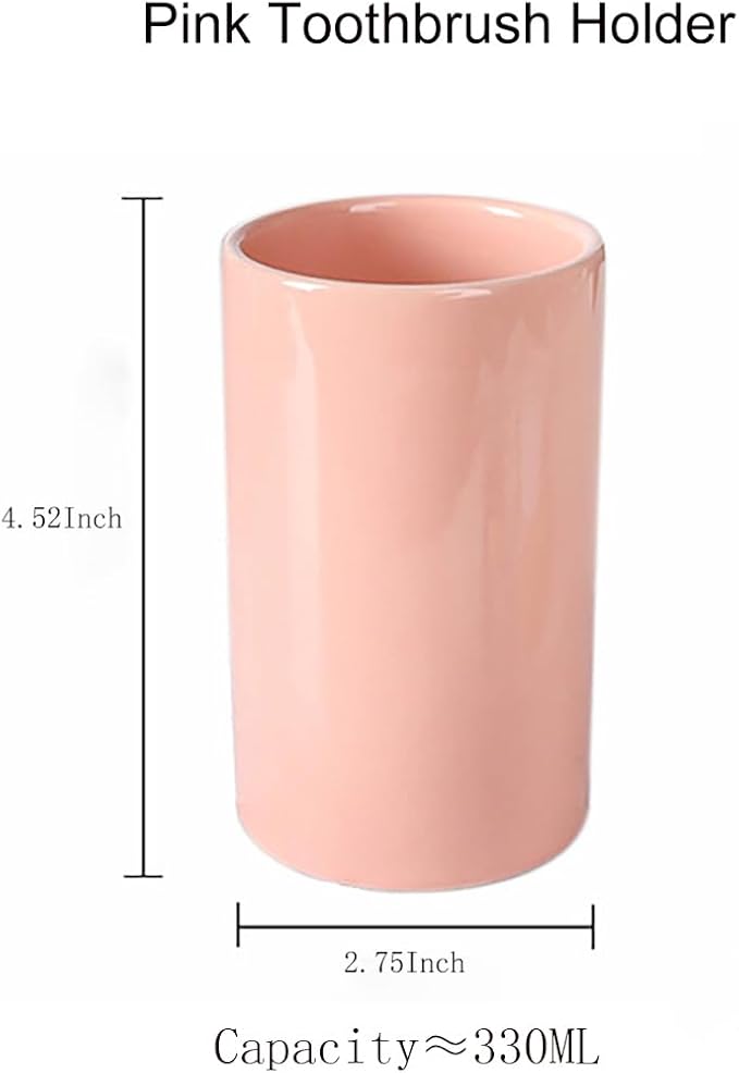Pink Ceramic Toothbrush Holder, Tumbler Cups Reusable Toothbrush Mouthwash Cup,Makeup Brush Holder, Bathroom Counter Organizer(300ml)