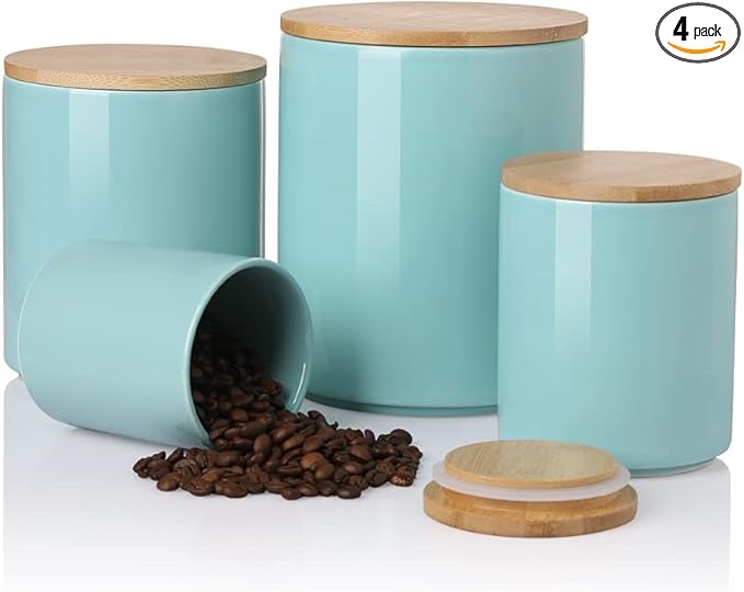 Sweejar Kitchen Canisters Ceramic Food Storage Jar Set, Stackable Containers with Airtight Seal Bamboo Lid for Serving Ground Coffee, Tea,Grains, Herbs,Sugar, Salt and More - Pack of 4(Turquoise)