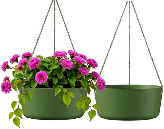 10.7 Inch Hanging Planter for Outdoor Indoor Plants,2 Pack Hanging Flower Pots with Drain Holes for Garden Home Decor Use (Dark Green)