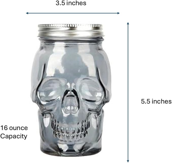 Set of 2 Skull Mason Jar Glasses with Lids | 16oz Reusable Halloween Drinking Glasses | Unique Skull Décor, Storage, & Canning Jars for Parties & Gifts