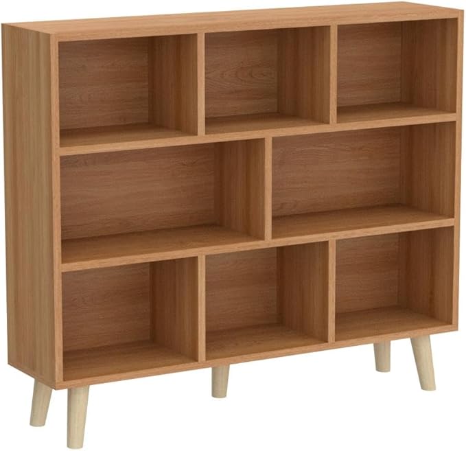 IOTXY Wooden Open Shelf Bookcase - 3-Tier Floor Standing Display Cabinet Rack with Legs, 8 Cubes Bookshelf, Pear Yellow