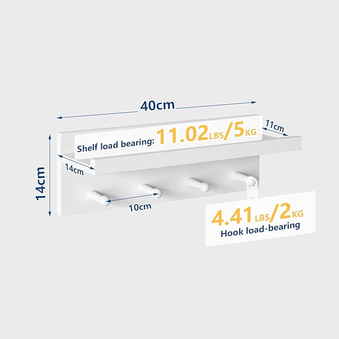 Wood Coat Hook with Wall-Mounted Shelf,15.75in Entryway Wall Hanging Shelf,for Bathroom, Kitchen,Coat Towel Key Organizer White YD-WS0240W