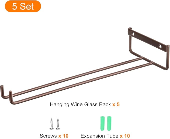 uxcell 5Pcs Wine Glass Rack, 11.02 Inch Iron Wine Glasses Rack Under Cabinet Stemware Rack - Wall Mountable Wine Glass Holder Storage Hanger for Bars Coffee Restaurants Kitchens, Bronze