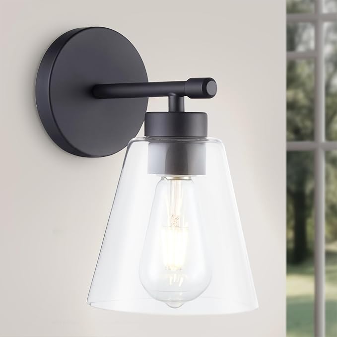 Hamilyeah Black Bathroom Sconces Wall Lighting, Farmhouse Wall Sconces Set of 2, Industrial Black Sconces with Clear Glass Shade for Living Room, Kitchen, Hallway