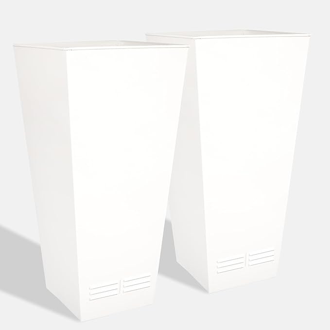 Worth Garden 28" H. Large Metal Glazed Planter Set of 2, Modern Glossy Finish White Tall Square Tapered Steel Flower Plant Pots for Indoor & Outdoor Use - Insert Plate with Drain Holes, Air Vents
