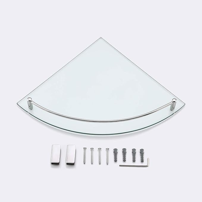 KES Glass Corner Shelf Bathroom Shelf Tempered Glass with Rail SUS 304 Stainless Steel Floating Wall Mount Bracket Polished Finish, BGS2101A