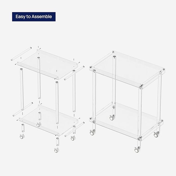 HMYHUM Acrylic Bar Cart, Rolling Serving Cart with 4 Lockable Wheels for The Home Bar, Kitchen, Living Room, Modern, 2-Tier, 23.6" L x 15" W x 30" H, Clear
