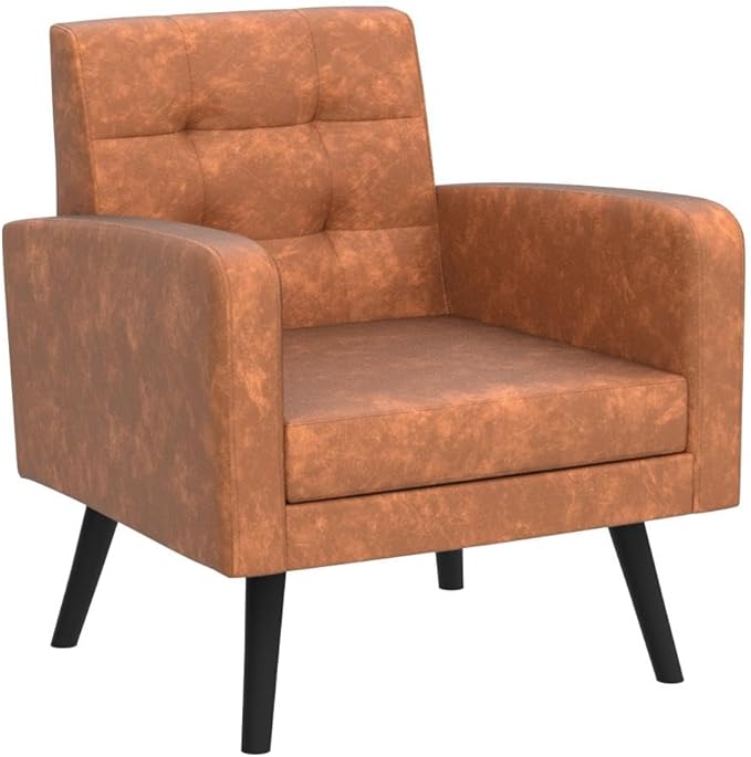 Yaheetech Mid-Century Accent Chairs, PU Leather Modern Upholstered Living Room Chair, Cozy Armchair Button Tufted Back and Wood Legs for Bedroom/Office/Cafe, Retro Brown 2 PCS