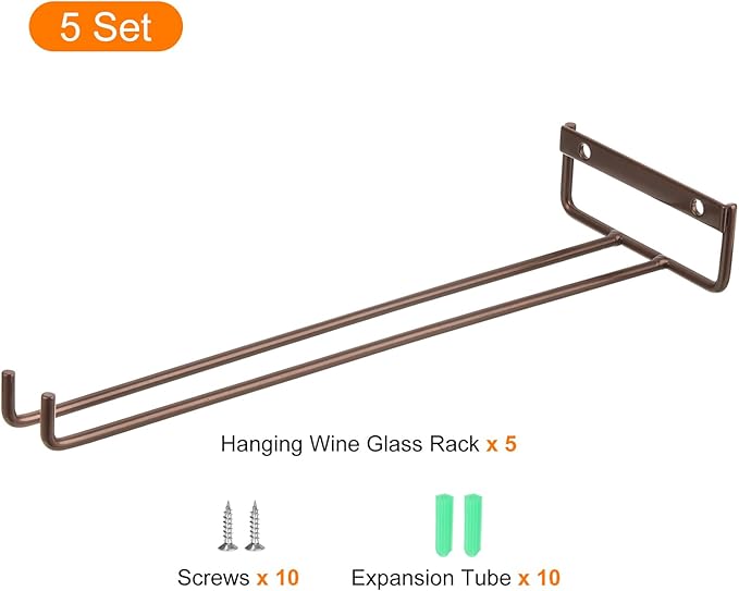 uxcell 5Pcs Wine Glass Rack, 11.81 Inch Iron Wine Glasses Rack Under Cabinet Stemware Rack - Wall Mountable Wine Glass Holder Storage Hanger for Bars Coffee Restaurants Kitchens, Bronze