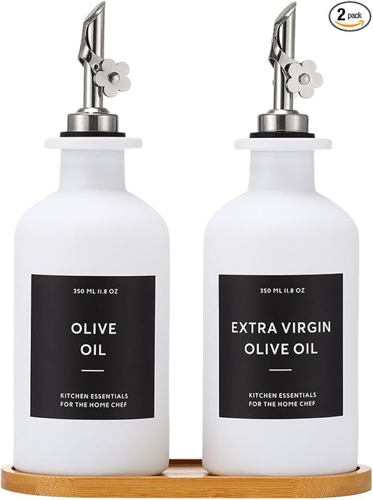 HOMCDALY Olive Oil Dispenser for Kitchen, 11.8oz Glass kitchen Dispenser Bottle, White Oil&Vinegar Cruet Set, Leakproof Oil Bottle for Cooking| Set of 2 (11.8oz – White)