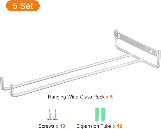 uxcell 5Pcs Wine Glass Rack, 10.43 Inch Iron Wine Glasses Rack Under Cabinet Stemware Rack - Wall Mountable Wine Glass Holder Storage Hanger for Bars Coffee Restaurants Kitchens, Silver