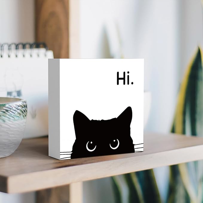 Black Cat Desk Decor, Office Decorations for Work, Cat Lover Gifts for Women, Cat Gifts for Girls, Cat Lover Gifts, Wooden Box Decor Sign for Home Farmhouse Living Room Bedroom Bathroom Classroom Gym
