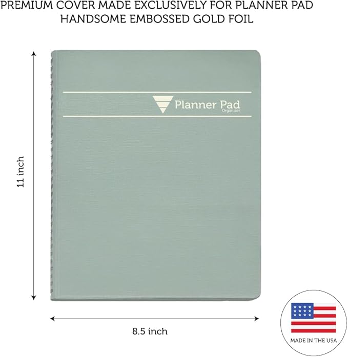 Planner Pad Spiral Bound 3-Tier Funnel Down 12 Month Organizer, October 2025 – September 2026, Greenish Grey Cover/Soft Green Ink, 8 1/2" x 11"