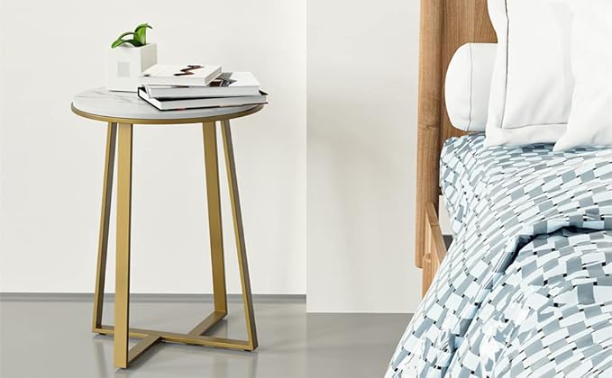 Round End Tables, Small Side Table White Marble Texture MDF Top,Metal Frame Gold Color, Tall End Table for Bed Room,Coffee Tea End Table for Living Room (White Marble+Gold)
