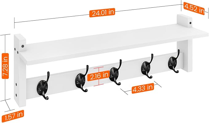 Homode Coat Rack with Wall Shelf and Hooks - 24 Inch Long, Wooden Hanging Coat Hanger with Hat Shelf for Entryway, Bathroom, Mudroom, White