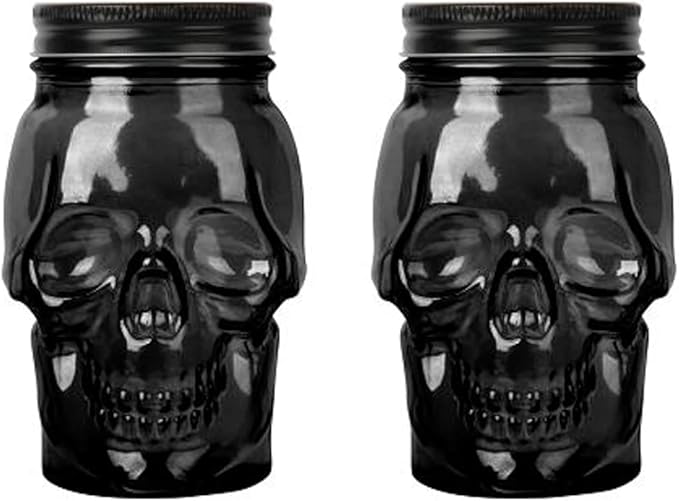 Set of 2 Skull Mason Jar Glasses with Lids | 16oz Reusable Halloween Drinking Glasses | Unique Skull Décor, Storage, & Canning Jars for Parties & Gifts