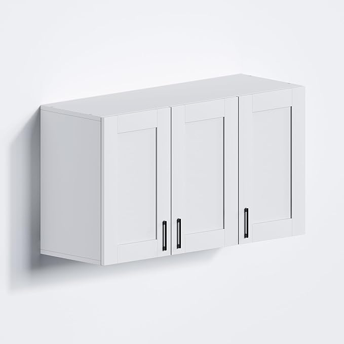 White Laundry Room Cabinets and Storage with 3 Doors and Utility Adjustable Shelf,Gabinetes Para Cocina Cupboard Kitchen Organizers and Storage Pantry Wall Mounted 12.4"D x 35.4"W x 19.7"H