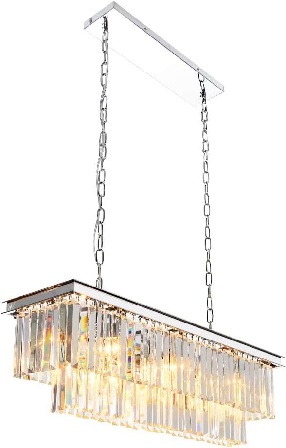 L39.4 Chrome Rectangle Modern Crystal Chandeliers Lighting Rectangular Pendant Ceiling Lights Fixture Lamp for Dining Living Room