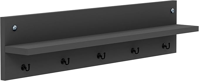 Modern Wall-Mounted Coat Rack with Shelf and Hooks - Wooden Entryway Organizer (Grey)