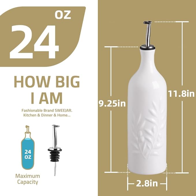 Sweejar Large Ceramic Olive Oil Dispenser Bottle, 24 Oz Relief Opaque Oil Cruet Protects Oil To Reduce Oxidation, Storage Vinegar, Soy Sauce, Coffee Syrup, Liquids, Set of 1 (Gray)