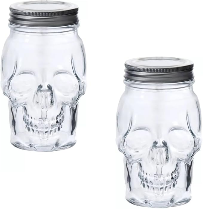 Set of 2 Skull Mason Jar Glasses with Lids | 16oz Reusable Halloween Drinking Glasses | Unique Skull Décor, Storage, & Canning Jars for Parties & Gifts