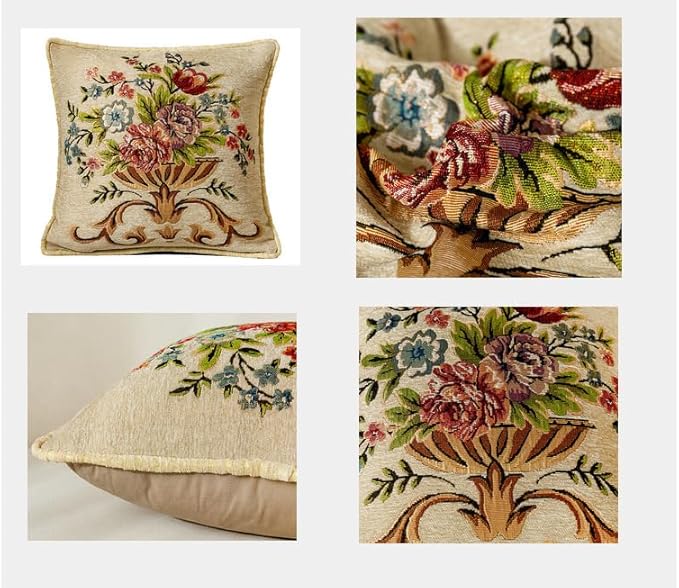 Set of 2 Beige Vintage Throw Pillows Covers 18x18in,Floral Embroidered Cushion Cover for Sofa Bedroom,Euro Sham Covers Retro Home Decor Pillows Covers