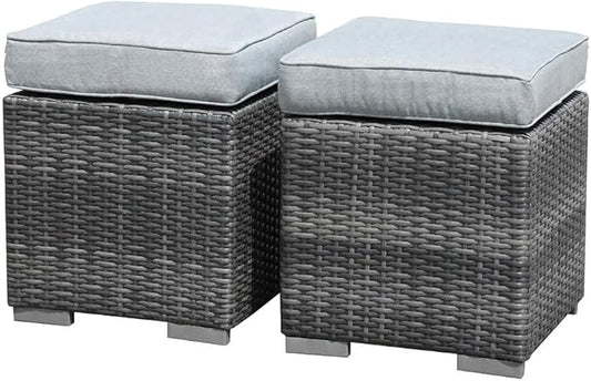 Patiorama 2 Pieces Assembled Outdoor Patio Ottoman, Indoor Outdoor All-Weather Grey Wicker Rattan Outdoor Footstool Footrest Seat with Light Grey Cushions, No Assembly Required