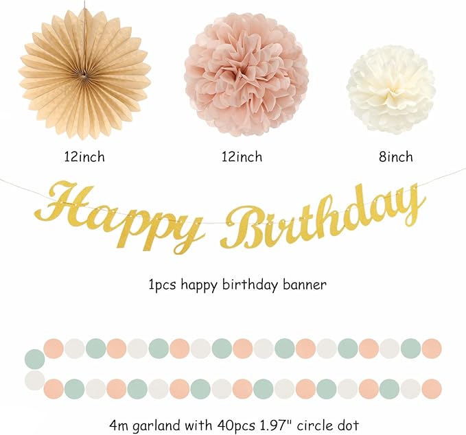 Sage-Green Blush-Pink Birthday Garland Party-Decorations - 14pcs Happy Banner 21st Spring Paper Flowers Lanterns Beige Tissue Pom Poms,Boho Streamers Fans,Neutral Rustic Hanging Supplies Decor Hugfond