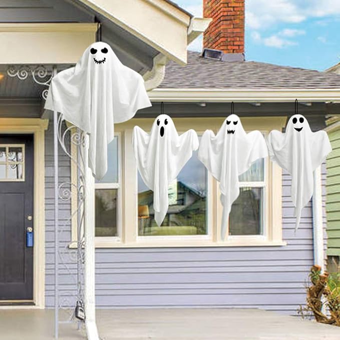 4 Pack Halloween Hanging Ghosts, 27.5" Cute Flying Ghost Decorations for Front Yard Patio Lawn Garden Party Décor and Holiday Decorations