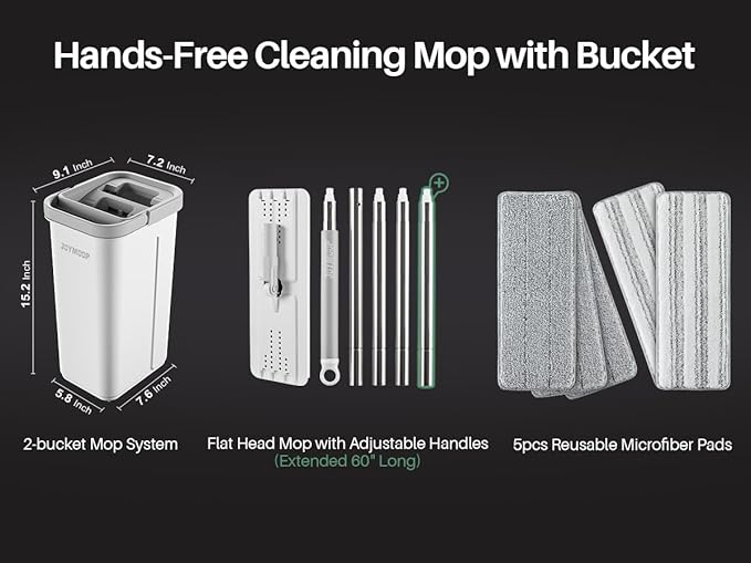 JOYMOOP Mop and Bucket with Wringer Set, Hands Free Flat Floor Mop and Bucket, 60" Mop with 5 Reusable Microfiber Pads, Wet and Dry Use, Floor Cleaning System