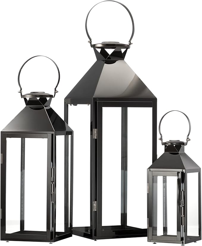 MATICO Stainless Decorative Pinnacle Candle Lantern Set of 3, Hanging Decor Hurricane Lantern Candle Holder for Festival Ceremony Home Decor, Both Indoor & Outdoor Use, Black