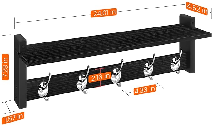 Homode Coat Rack Wall Mount with Shelf, 24" Long Entryway Shelf with Hooks Underneath, Wooden Coat Hanger for Hanging Hats, Bathroom Towels, Clothes, Black