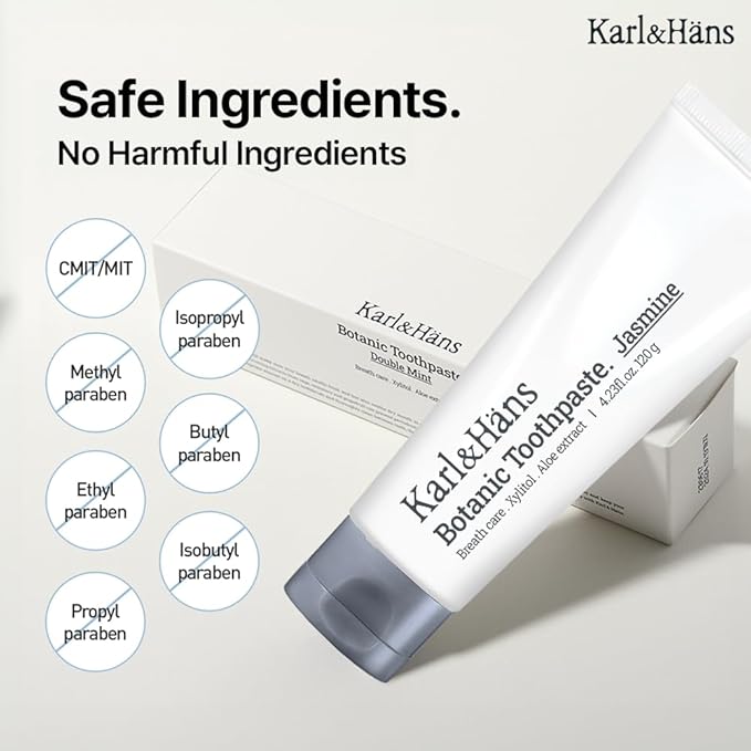 Karl&Hans Botanic Jasmine Toothpaste with Fluoride - Natural, Delicate Jasmine Mint Flavor with Rosemary and Green Tea Extracts for Fresh Breath Care and Gum Health, 4.23 oz