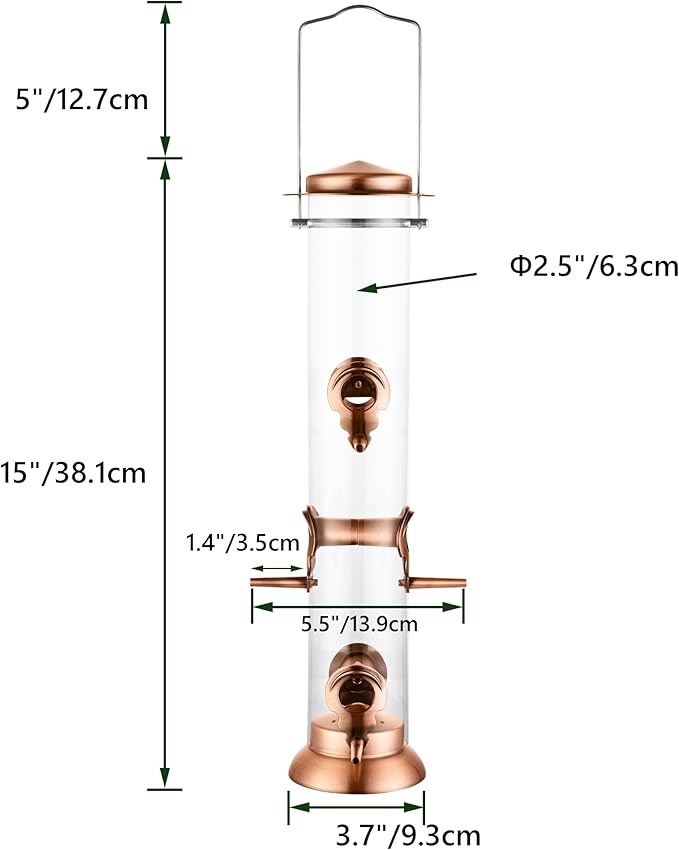 Metal Tube Bird Feeders for Outdoors Hanging,Finch Feeders for Outside,All Metal Brushed Copper Finishing,14 Inch 6 Port (Seed is not Included)