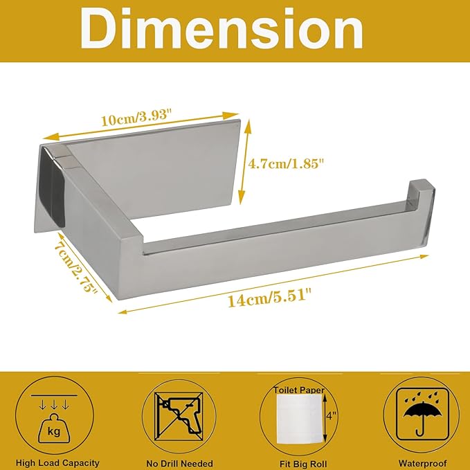 Toilet Paper Holder, Self Adhesive Tissue Holder Stainless Steel Rustproof Paper Roll Holder, No Drilling Easy to Install, Toilet Paper Rack Suitable for Office, Bathroom (Polish Chrome)