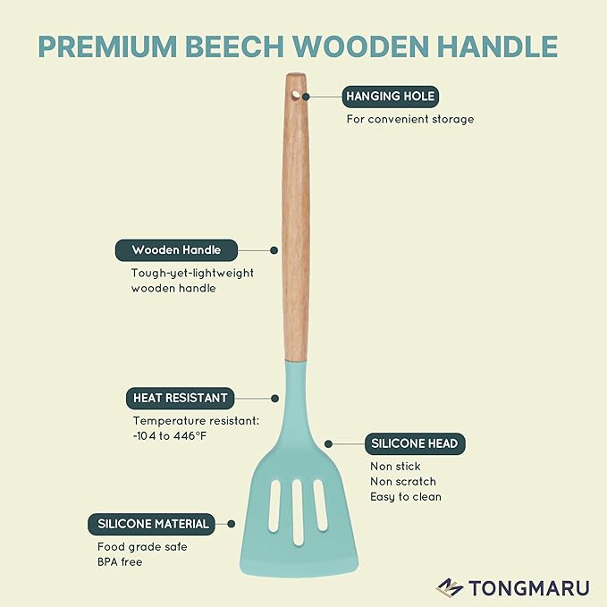 Silicone Cooking Utensils Set, Premium Beech Wood Handle Kitchen Gadgets Utensil Set, Non-Stick Kitchen Utensils Spatula, Tongs, Turner, Whisk, Brush, Spoon, BPA FREE, 446°F Resistant (Mint)