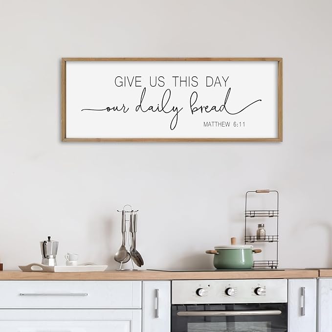SRSZHIYUE Give Us This Day Our Daily Bread Sign Wall Decor Art 32"×12" Matthew 6:11 Dining Room Kitchen Large Wood Framed Wall Hanging (Wood)