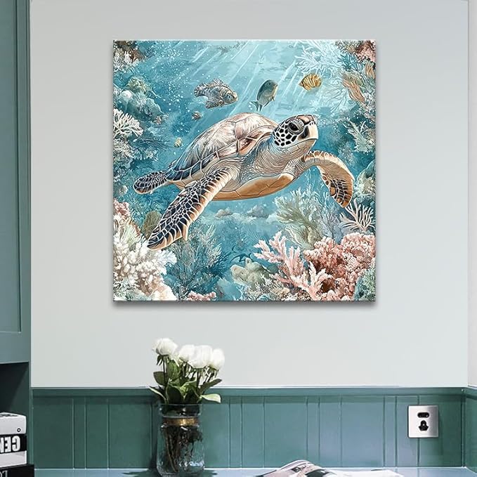 Sea Turtle Bathroom Wall Decor Ocean Theme Framed Canvas Wall Art Coastal Nautical Prints Picture Watercolor Coral Marine Life Painting for Kid Bedroom Living Room Home Decoration 14x14â