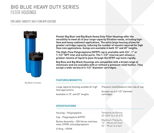 Pentair Pentek 150470 Big Blue Filter Housing, 3/4" NPT #10 Whole House Heavy Duty Water Filter Housing with High-Flow Polypropylene (HFPP) Cap, 10-Inch, Black/Blue