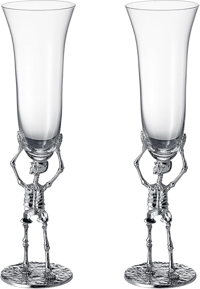 Stemmed Skeleton Champagne Flute Glasses Set of 2 | Gothic Halloween Drinkware | 7.5oz 10" Tall Skeleton Goblets for Haunted Parties, Spooky Wine Glass Set, Gothic Skeleton Decor & Unique Gift Idea