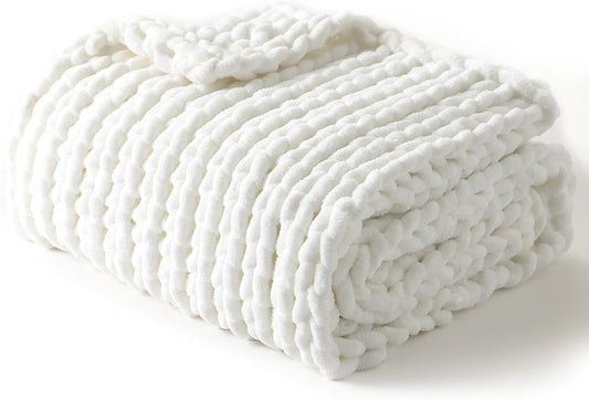 YnM Chunky Throw Blanket, Medium-Weight, Hand Knitted with Chenielle Yarn, Skin Friendly, Ventilated and Breathable, Machine Washable, Home Décor Piece for Couch, Sofa and Bed (White, 80x87 Inch)
