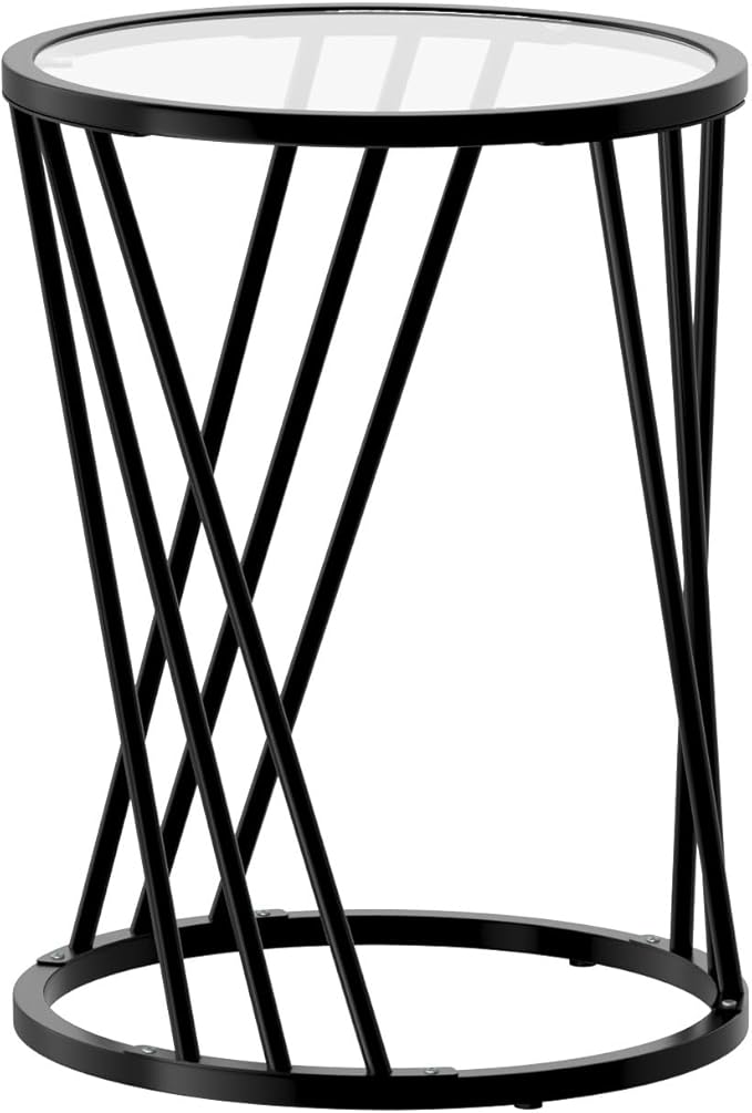 Round Side Table, Modern End Tables for Living Room Office Small Spaces, Glass Black End Table with Metal Frames, Nightstand for Bedroom, Bedside Furniture, Easy Assembly