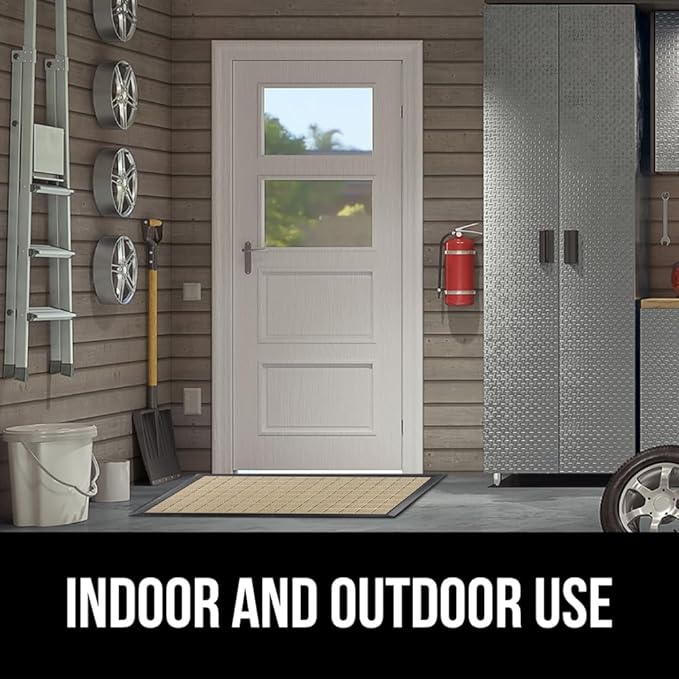 GORILLA GRIP 100% Waterproof All-Season WeatherMax Doormat US Designed Natural Rubber, Stain and Fade Resistant, Low Profile Indoor Outdoor Door Mats, Easy Clean Patio Mat, 17x29, Taupe Grid