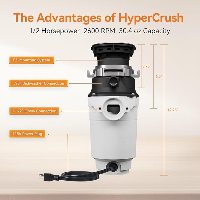 Garbage Disposal, TECASA 1/2 HP Pro Food Waste Coutinuous Feed, Garbage Disposals with Stopper Power Cord, Stainless Steel Grinding System for Kitchen Sink - HyperCrush 50 PRO