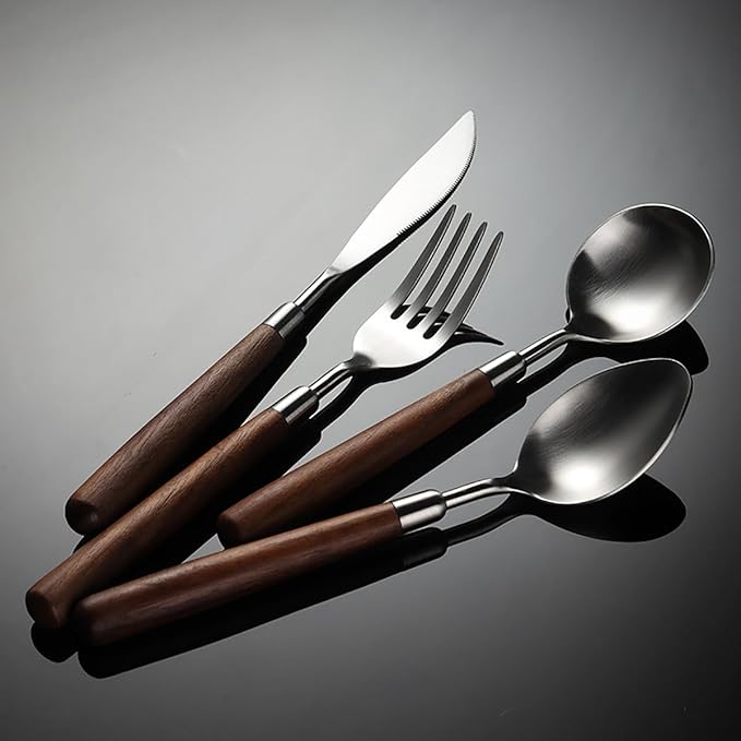 Wood Silverware Set for 6 GULSARAYI Cutlery Set 18/8 Stainless Steel Flatware Set with Walnut Handle 24 Piece Wooden Flatware Set Utensils Set for Home Kitchen Restaurant Forks Spoons And Knives Set