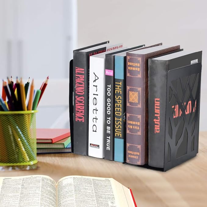 Book Ends, Bookends, Bookends for Shelves, Bookend, Book Ends for Heavy Books, Black Metal Book Shelf Holder Home Decorative, Book Stoppers for Shelves 2 Pair