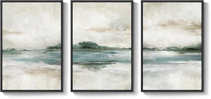Large Framed Abstract Nature Landscape Wall Art for Living Room, Set of 3 Modern Canvas Prints Paintings Artwork for Walls, Green Lake Pictures for Hallway, Dining Room, Office Wall Decor 24x36 Inch