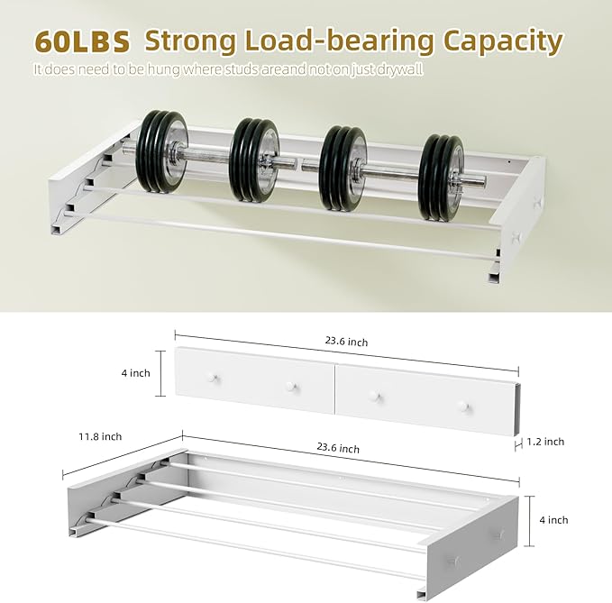 Wall Mounted Drying Rack for Laundry 23.6'', Foldable Laundry Drying Rack Clothing Wall Mount with 4 Towel Hooks and 4 Rods, Space Saving for Indoor Outdoor Bathroom Balcony (White, 23.6'')