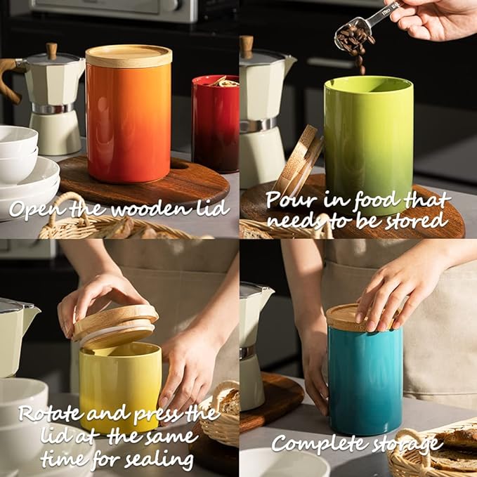 Sweejar Ceramic Food Storage Jar, Stackable Kitchen Canisters, Containers with Airtight Seal Wooden Lid for Serving Ground Coffee, Tea, Sugar, Salt and More - 28 Fl Oz (Gradient Green)
