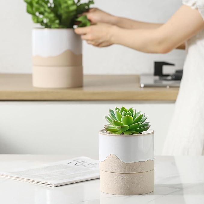 Nihow Self Watering Plant Pot for Indoor Plants: 4.5+6 Inch Ceramic Planter with Drainage Hole & Water Storage Plus - Cylinder Flower Pot with Wick for Herbs -White & Nature